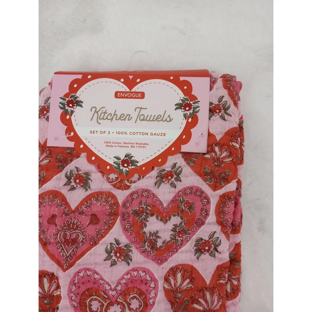 ENVOGUE‎ KITCHEN TOWELS COTTON GAUZE HEARTS FLORAL PINK 18X28